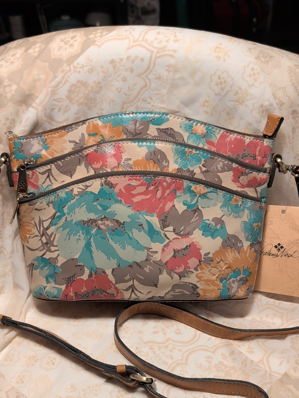 NWT Patricia Nash Lorraine Triple Zip Crossbody Bag - First Bloom Floral Leather